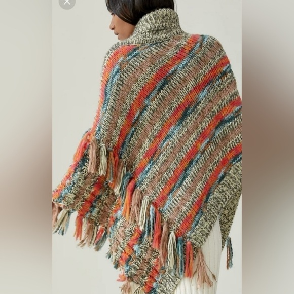 NWT Anthropology OS knot, fringe,1 avail. Navy blue turtle neck poncho, boho - Picture 6 of 9